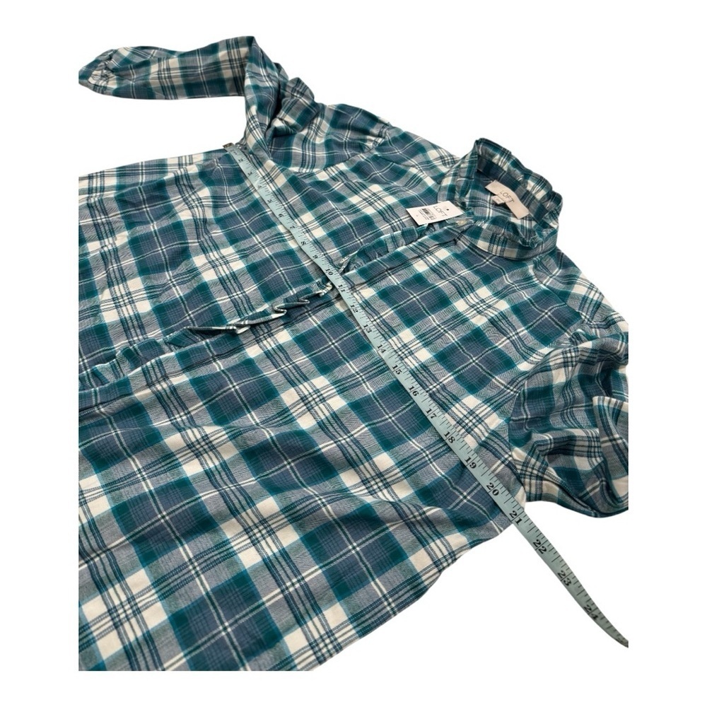 LOFT Green Plaid Ruffle High Neck Ruffle Front Button Down Shirt NEW Size Large - Picture 11 of 16